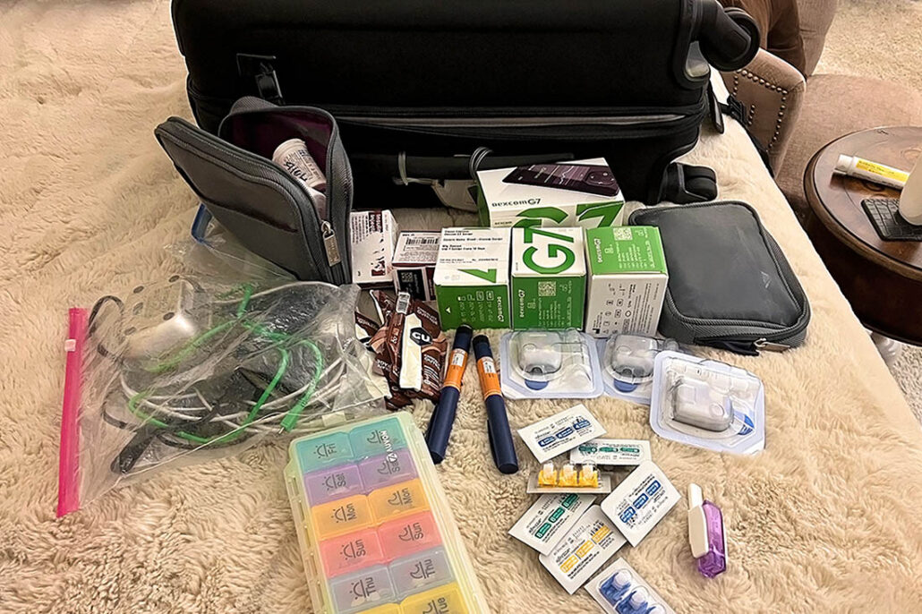 Dr. Edelman packs double the diabetes devices and supplies he needs for a trip. 
