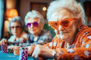 Older women in colorful outfits playing poker