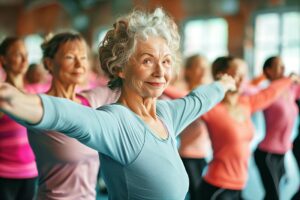 Group of senior women enjoying a dance class at a community center.