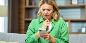 Woman with type 1 diabetes looking at blood sugar on phone afraid of hypoglycemia