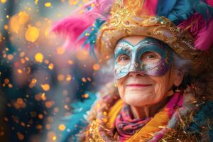 Elderly woman vacationing in New Orleans for carnival wearing colorful costume mask