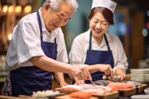 Senior couple having fun learning how to make sushi
