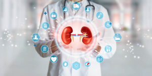 kidney doctor nephrologist with image of kidneys to treat type 2 diabetes and kidney disease