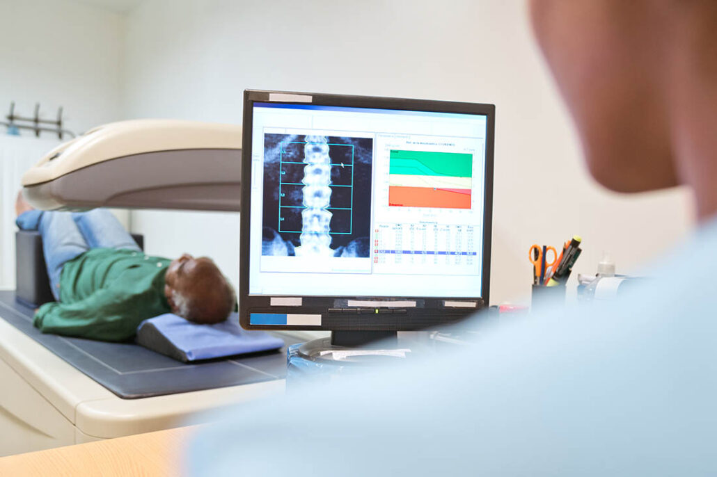 Patient with diabetes and osteoporosis gets a bone density scan