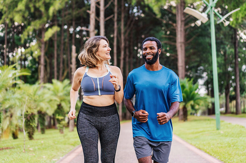 Couple with diabetes out for a walk to help combat diabetes distress