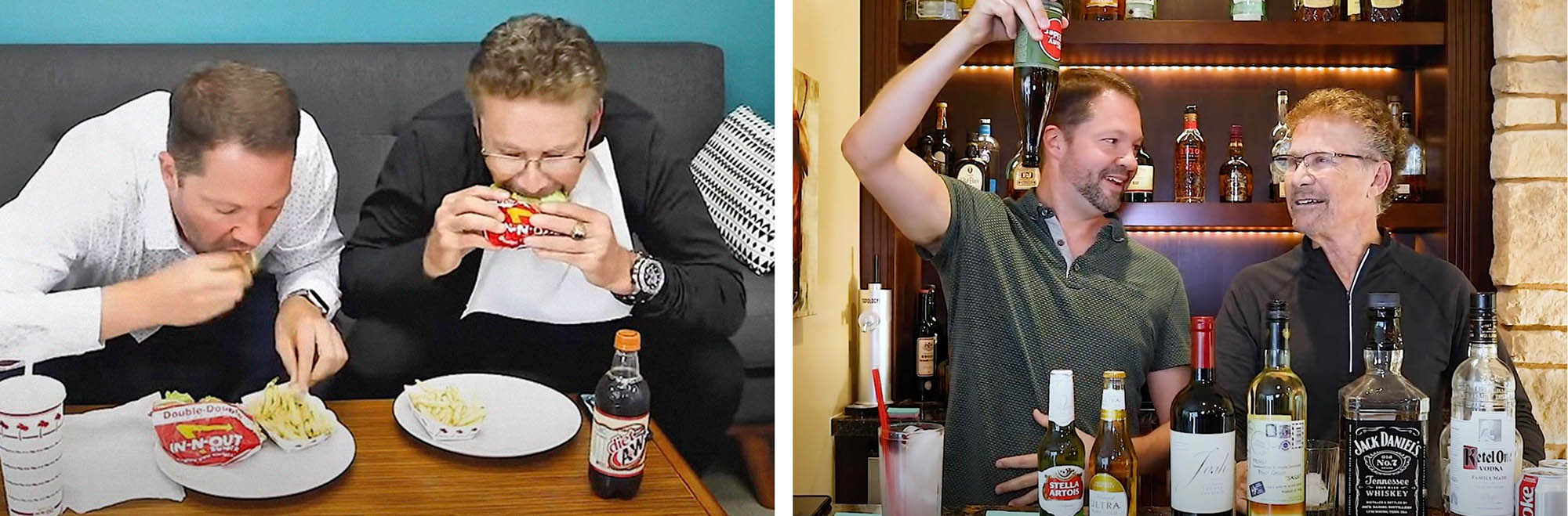 two men with diabetes eating hamburgers and drinking alcohol
