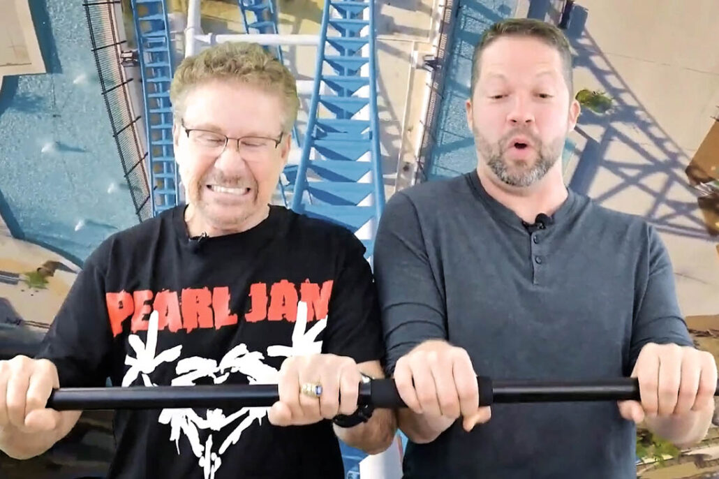 two endocrinologists with type 1 diabetes riding a metaphorical blood sugar rollercoaster 