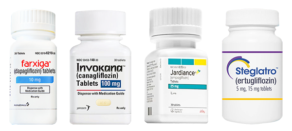 Image of SGLT2 medications Farxiga, Invokana, Jardiance, and Steglatro