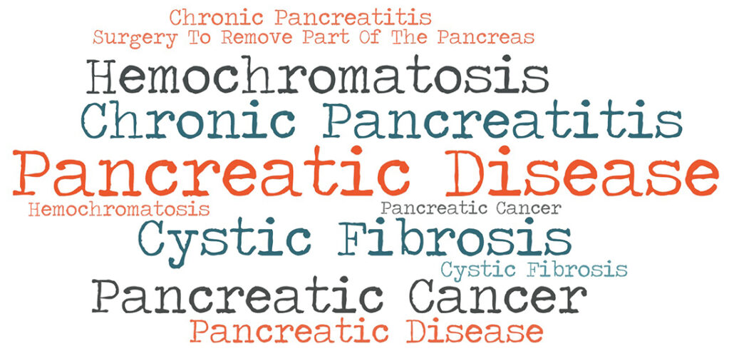 A word cloud of several possible causes of type 3c diabetes