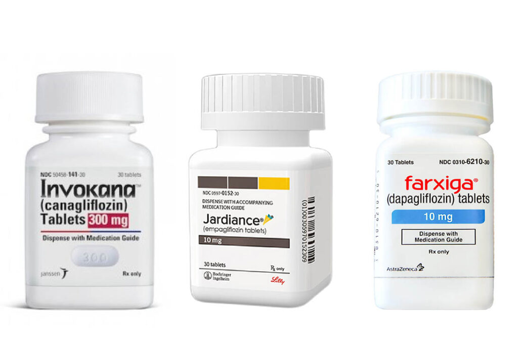 diabetes SGLT-2 medication bottles Invokana, Jardiance, and Farxiga