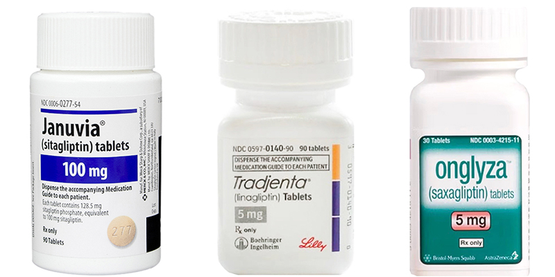 diabetes medication bottles Januvia, Tradjenta and Onglyza