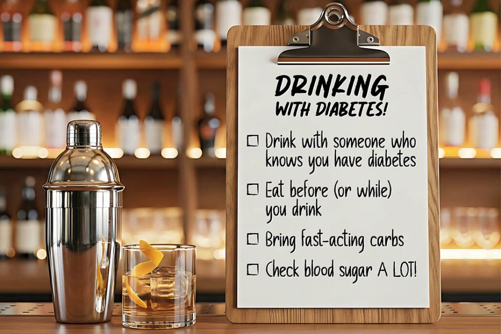 A clipboard with a checklist of tips on how to drink safely with diabetes is propped up on a bar next to a glass of alcohol.