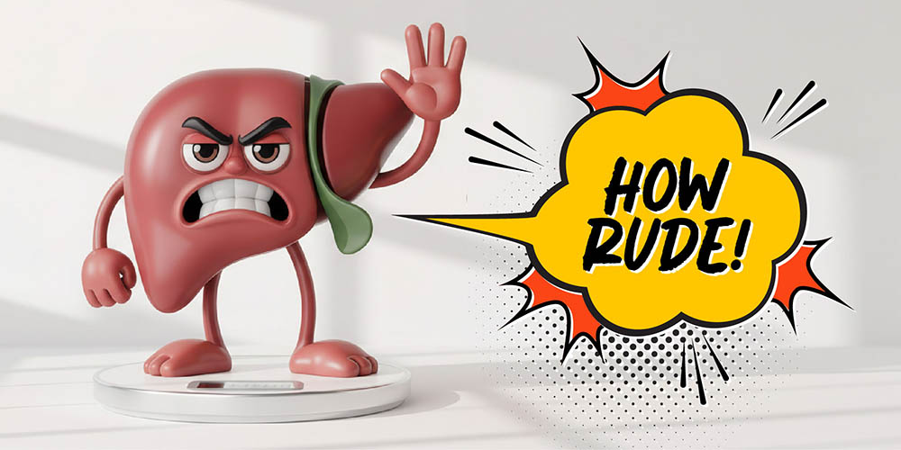Fatty cartoon liver standing on scale is upset
