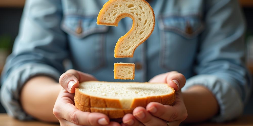 Woman holding a piece of bread with a question mark made out of bread above it