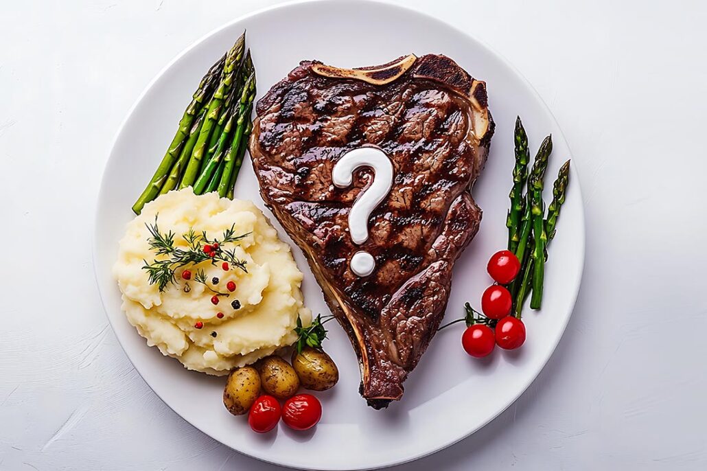 dinner plate with steak, mashed potatoes, and asparagus, with a question mark over the steak