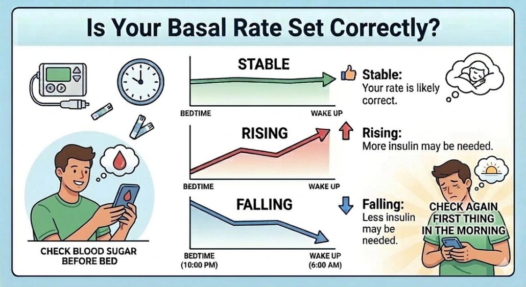 cartoon drawing of the timeline and steps involved in testing your basal rate overnight