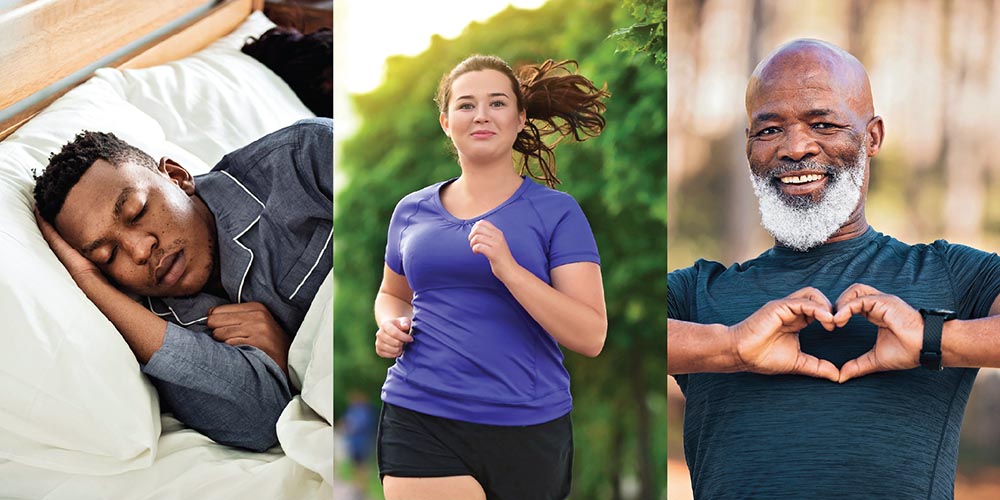 A man sleeping, a heavier woman running and a man making the shape of a heart with his hands