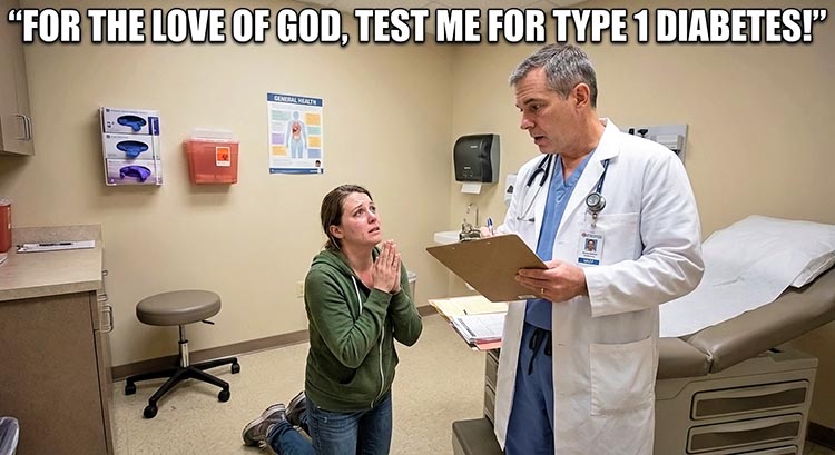 A woman kneeling on the floor in an exam room and praying to her doctor with text that reads, "For the love of God, test me for type 1 diabetes"