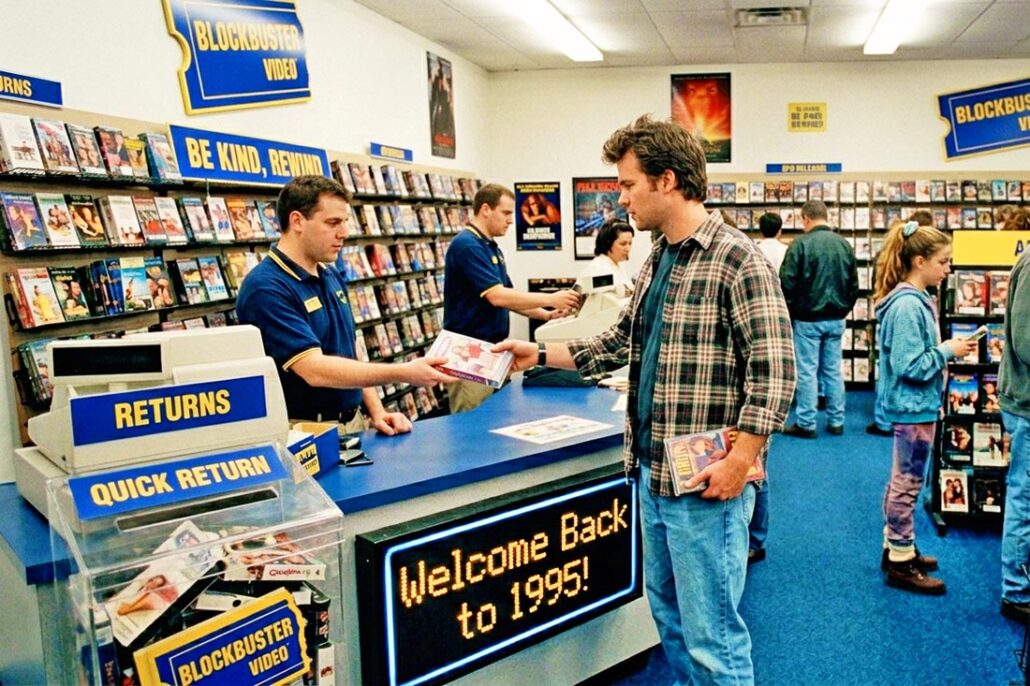 A man checks out a video at a Blockbuster video store in 1995