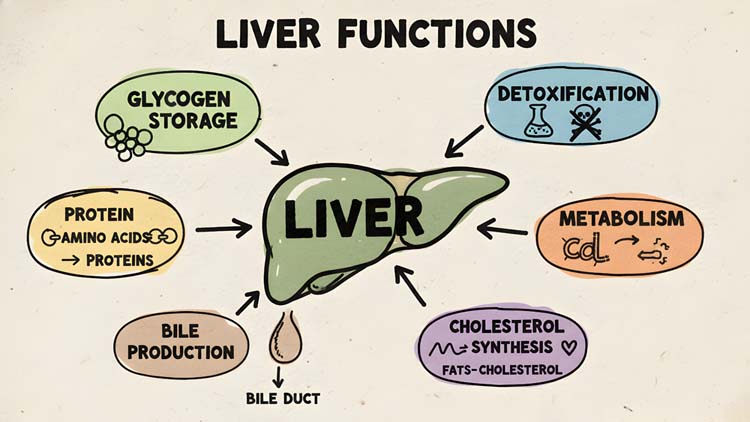 A visual of many functions of the liver, including glycogen storage, detoxification, metabolism, and cholesterol synthesis