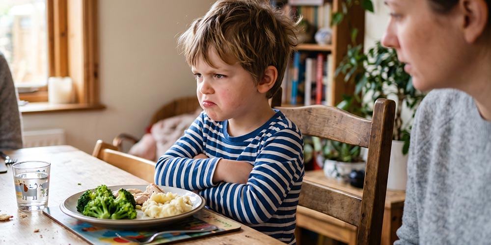 A young boy with his arms folded in front of his chest pouts at the dinner table with a healthy meal in front of him