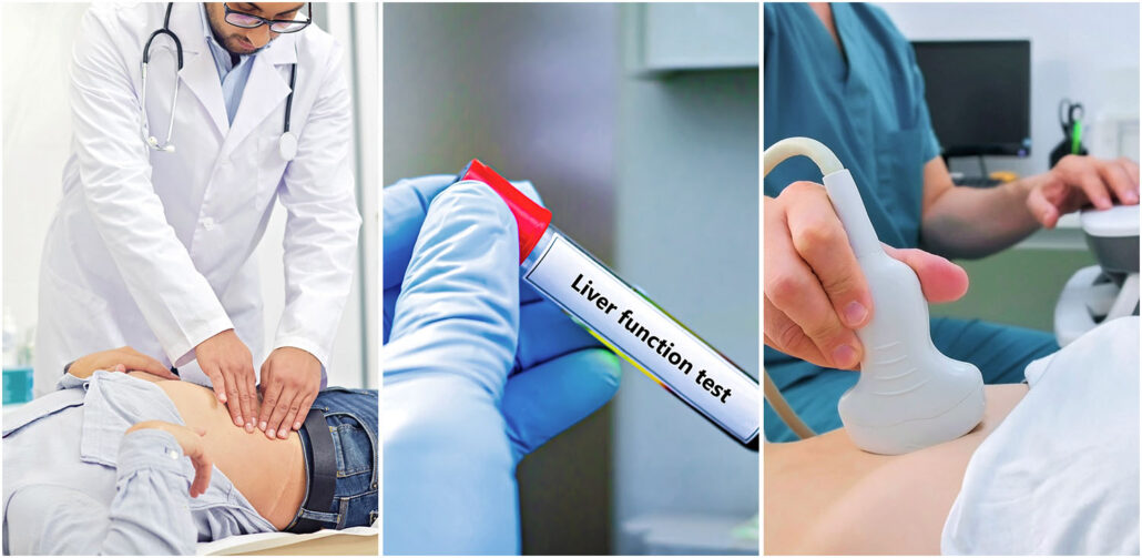 A doctor tests for liver disease on a patient by doing a physical exam, a blood test, and an ultrasound