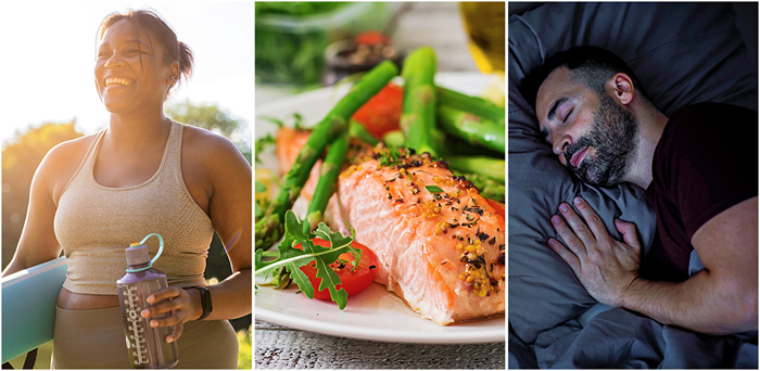 A smiling woman in exercise clothes with a yoga mat and water bottle, a plate of salmon and green beans, and a man sleeping soundly