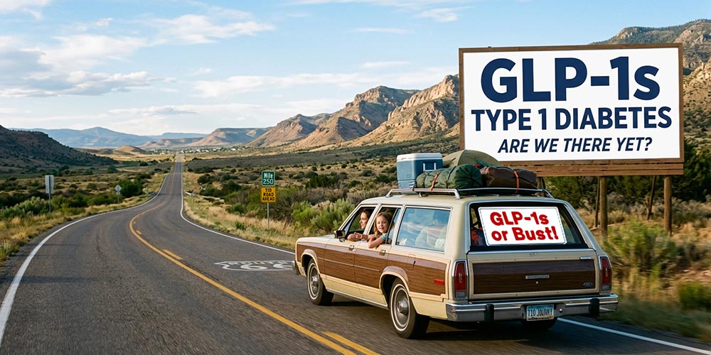 A station wagon from the 1970s driving down a 2-lane highway passing a sign that says "GLP-1s for Type 1 Diabetes"