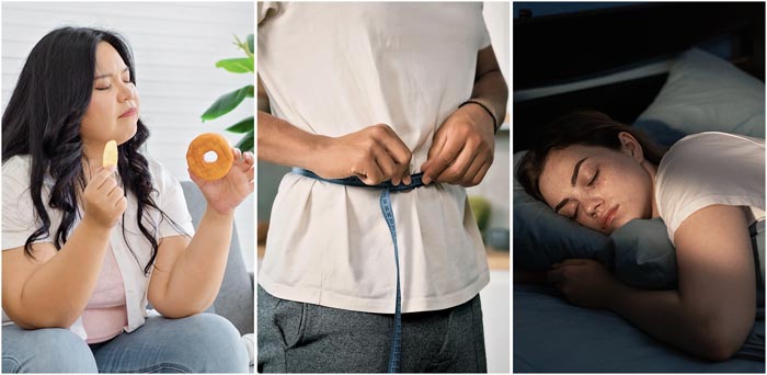 A woman thinks about eating a donut, a man measures his waist, and a young woman sleeps soundly