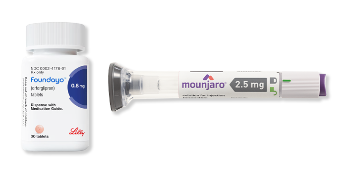 A Foundayo pill bottle alongside a Mounjaro injection pen