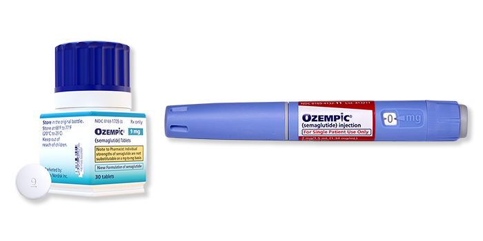 Ozempic pill bottle alongside an Ozempic injection pen