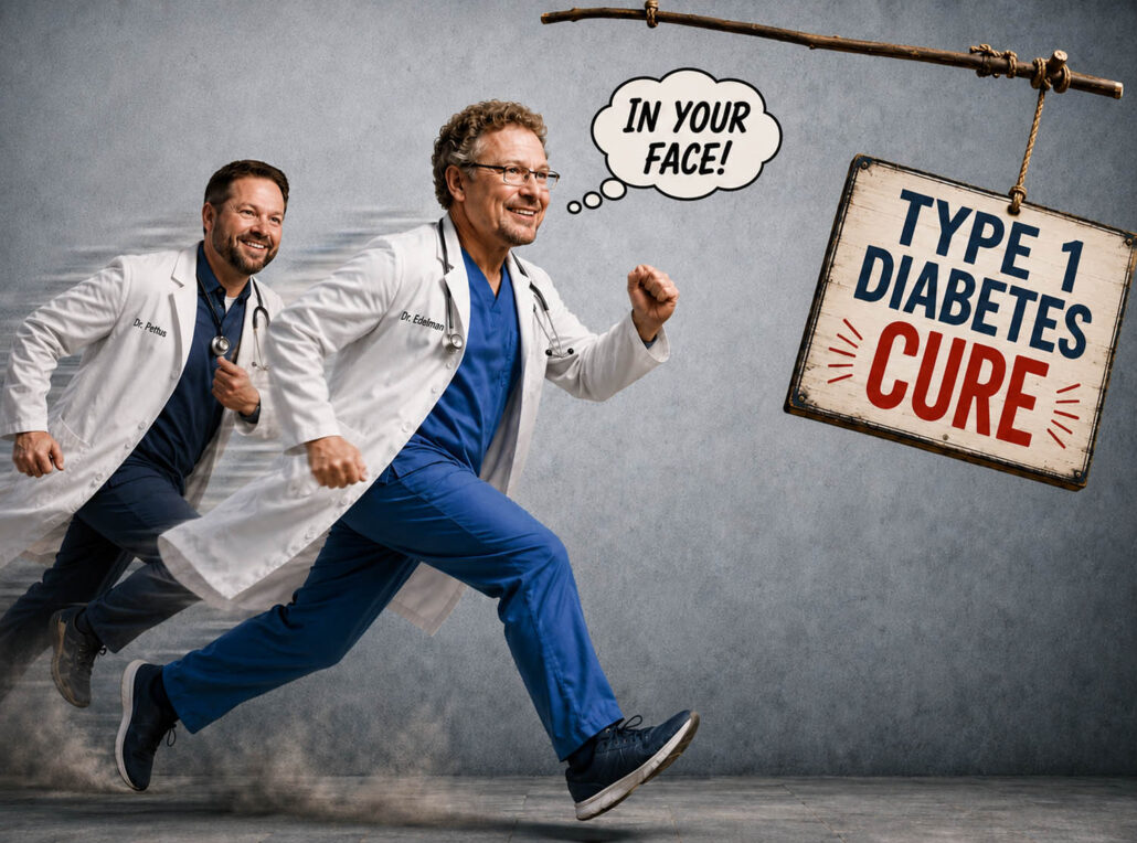 Two smiling doctors in lab coats running toward a sign that says "Type 1 Diabetes Cure"