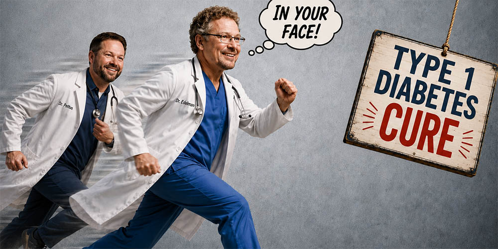 Two smiling doctors in lab coats running toward a sign that says "Type 1 Diabetes Cure"
