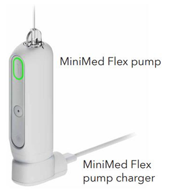 A side view of the MiniMed Flex pump sitting on top of its charging station