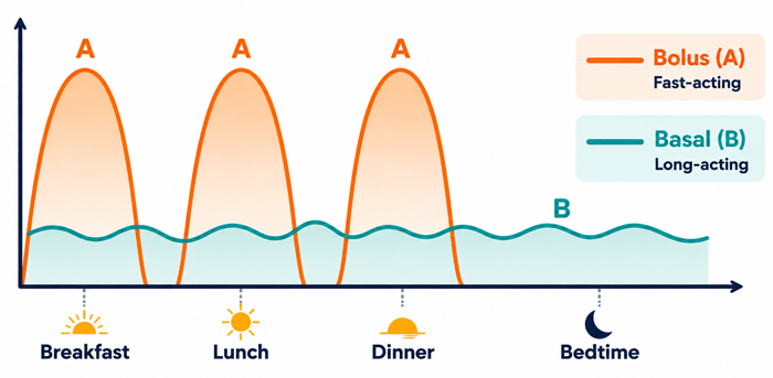 A graph with tall curves at breakfast, lunch, and dinner times showing bolus insulin, and a steady line at the bottom of the graph for basal or background insulin