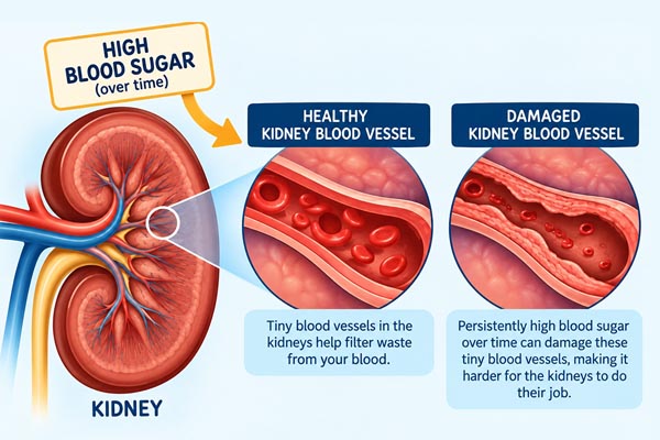 A healthy kidney blood vessel and a damaged kidney blood vessel from consistently high blood sugar