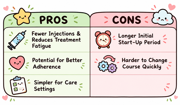 A list of some of the pros and cons of weekly basal insulin for type 2 diabetes, compared to daily basal insulin.
