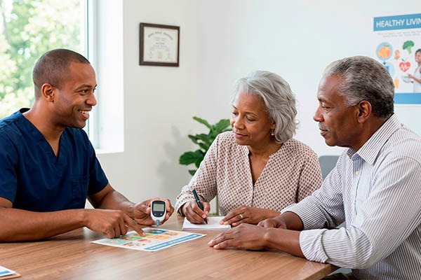 A doctor sits across the table from a middle-aged black couple, as he points to a chart with one hand and holds a glucose meter in the other.